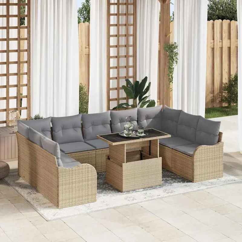 Conjunto de sofá de jardín 10 pcs Beige Rattan de Poliéster