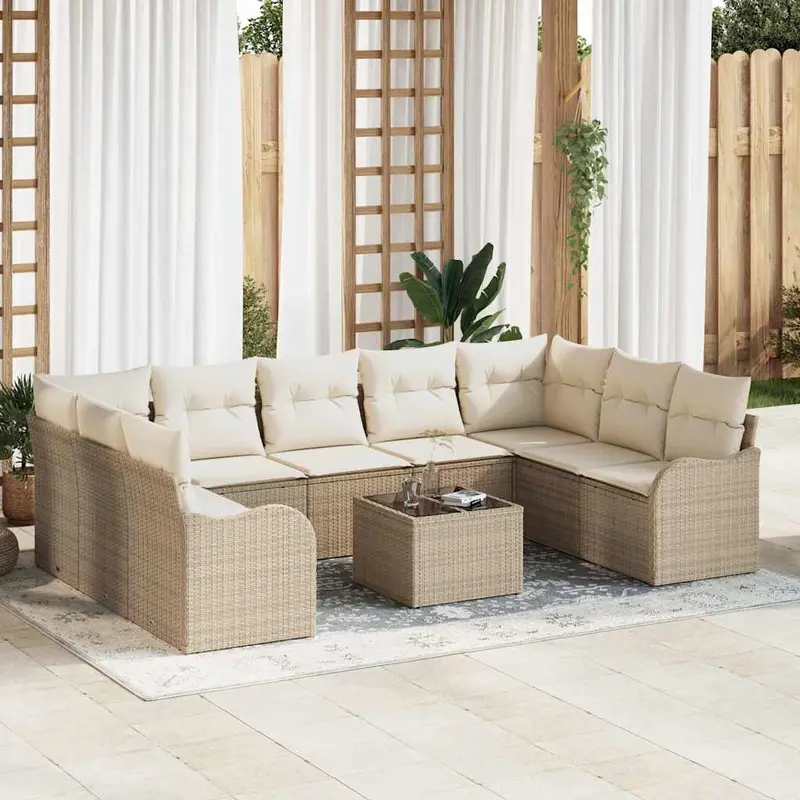 Conjunto de sofá de jardín 10 pcs Beige y blanco Poliratán