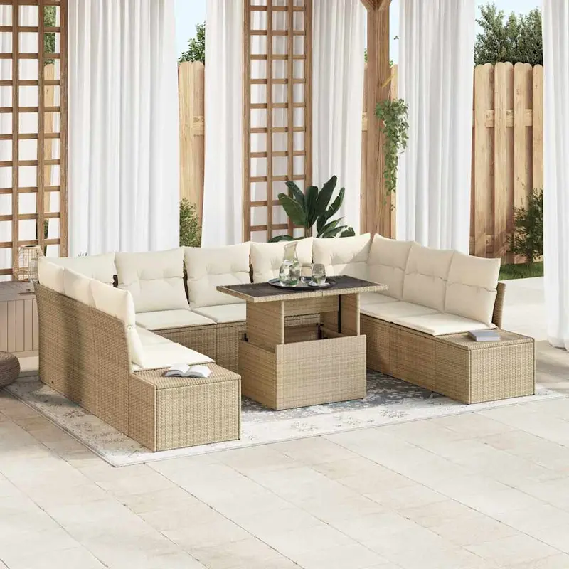 Conjunto de sofá de jardín 10 pcs Beige y Crema ratán sintético