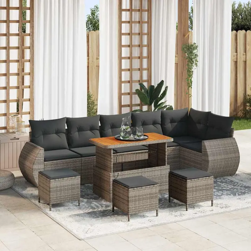 Conjunto de sofá de jardín 10 pcs Gris Rattan de Poliéster