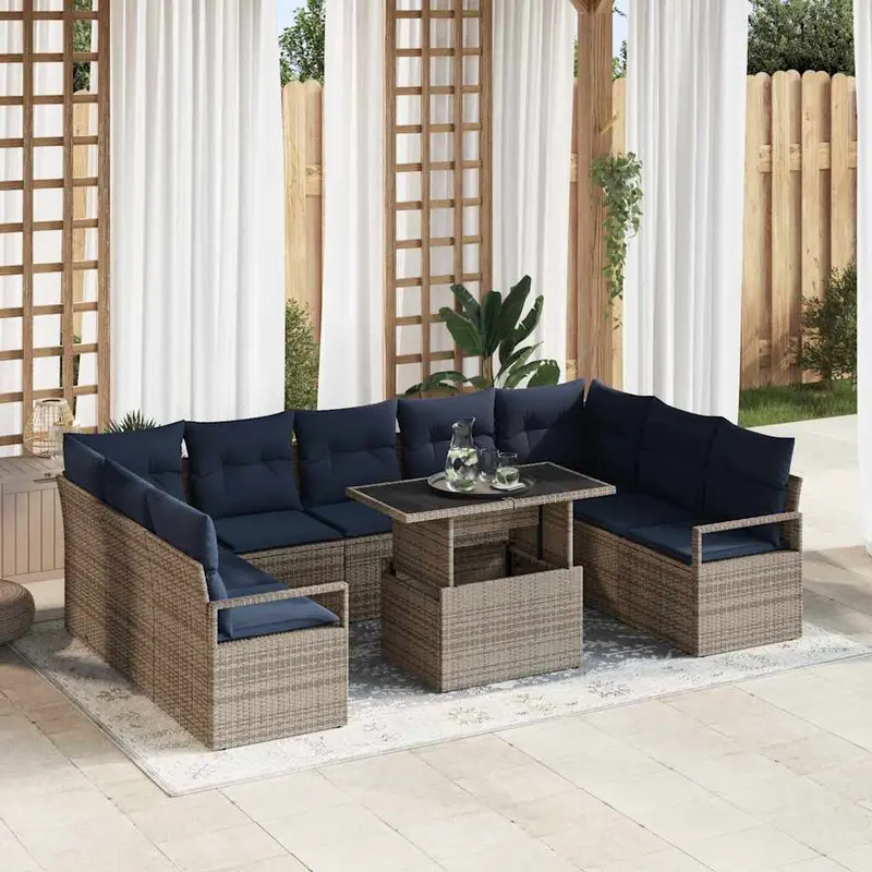 Conjunto de sofá de jardín 10 pcs Gris y azul marino Poliratán