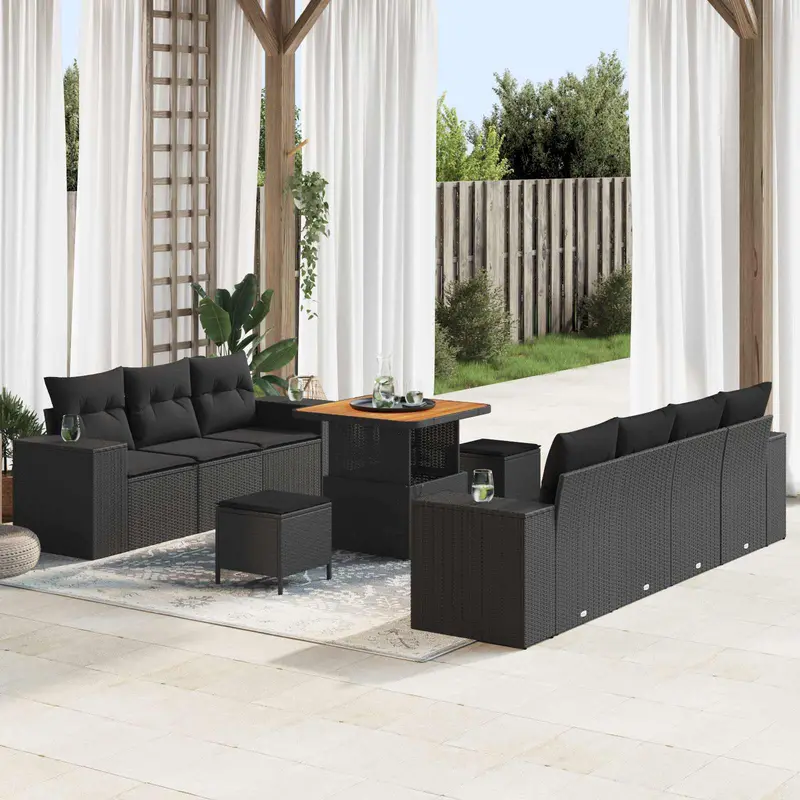Conjunto de sofá de jardín 10 pcs Negro Rattan de Poliéster