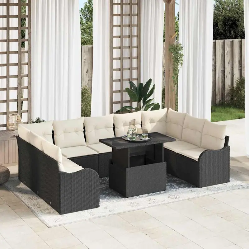 Conjunto de sofá de jardín 10 pcs Negro Rattan de Poliéster