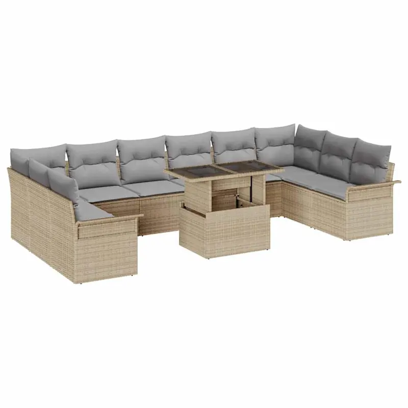 Conjunto de sofá de jardín 11 pcs Beige Rattan de Poliéster