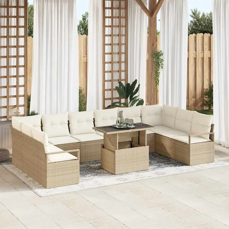 Conjunto de sofá de jardín 11 pcs beige y crema ratán sintético
