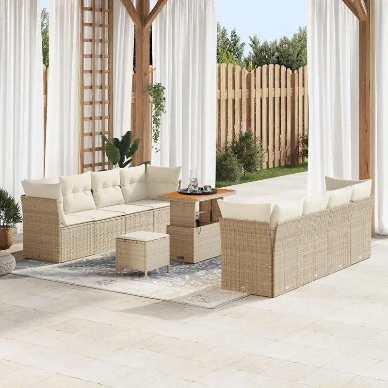 Conjunto de sofá de jardín 11 pcs Beige y Crema ratán sintético