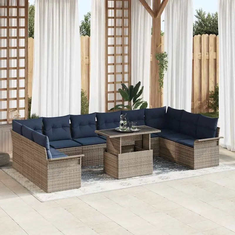 Conjunto de sofá de jardín 11 pcs Gris Rattan de Poliéster