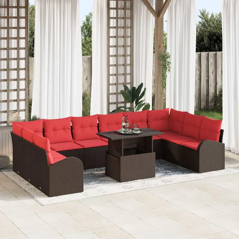 Conjunto de sofá de jardín 11 pcs Marrón ratán sintético