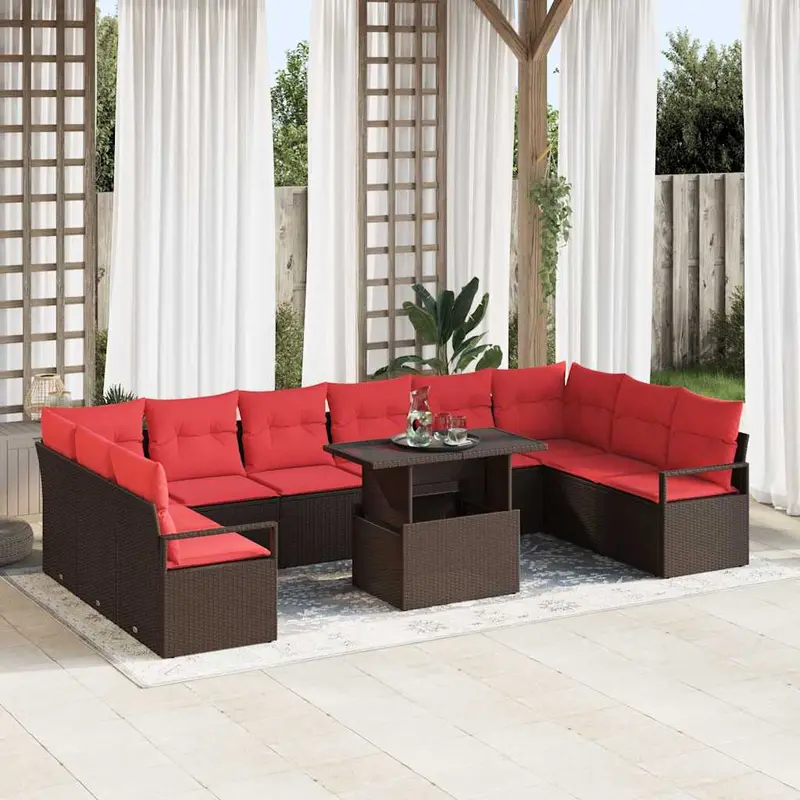 Conjunto de sofá de jardín 11 pcs Marrón y Rojo ratán sintético