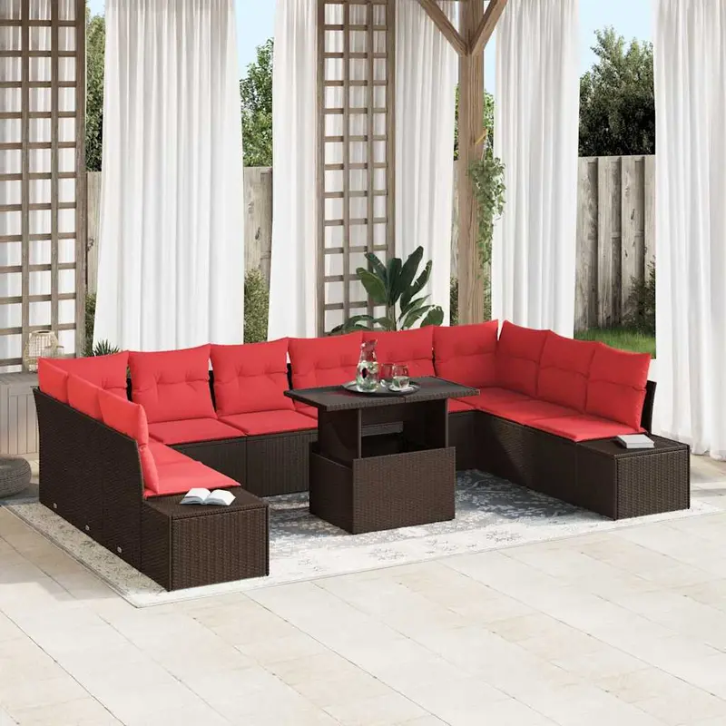 Conjunto de sofá de jardín 11 pcs Marrón y Rojo ratán sintético