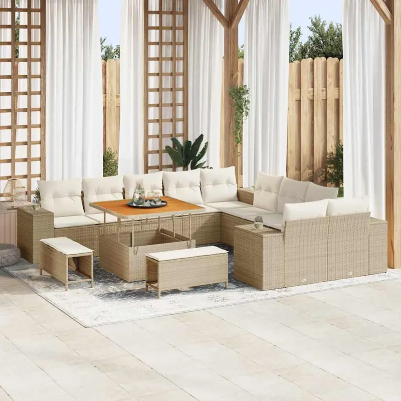 Conjunto de sofá de jardín 13 pcs Beige y Crema ratán sintético