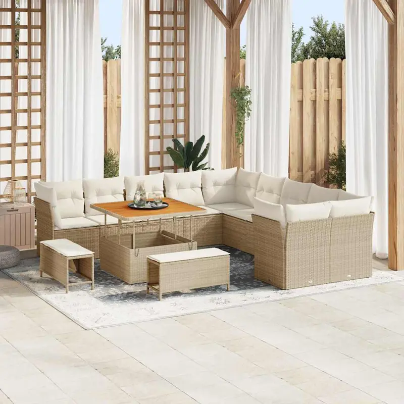 Conjunto de sofá de jardín 13 pcs Beige y Crema ratán sintético