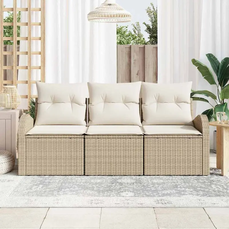 Conjunto de sofá de jardín 3 pcs Beige y blanco Poliratán