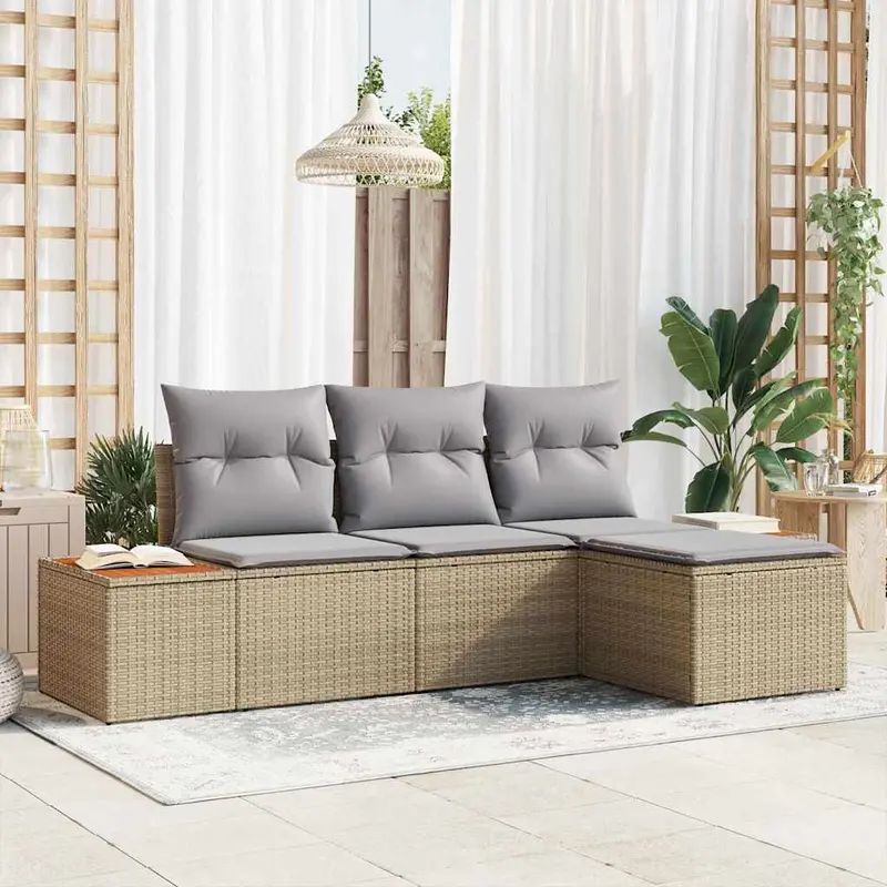 Conjunto de sofá de jardín 4 pcs Beige ratán sintético