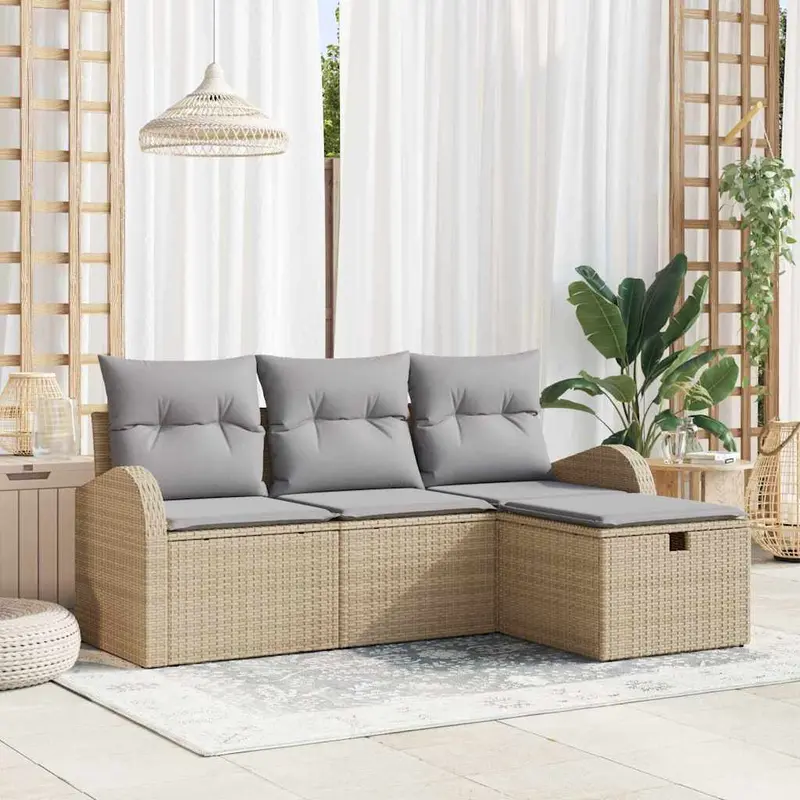 Conjunto de sofá de jardín 4 pcs Beige ratán sintético