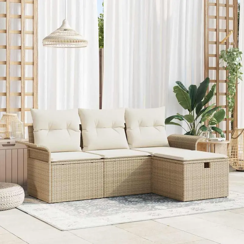 Conjunto de sofá de jardín 4 pcs Beige y Crema ratán sintético