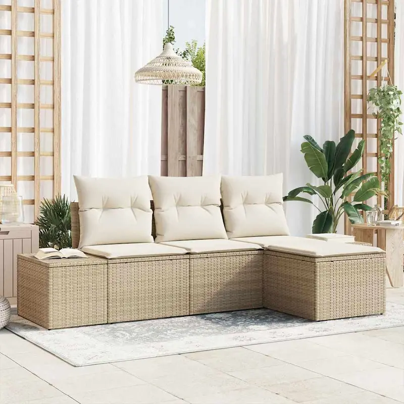Conjunto de sofá de jardín 4 pcs Beige y Crema ratán sintético