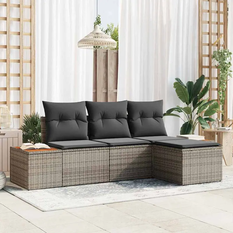 Conjunto de sofá de jardín 4 pcs Gris Rattan de Poliéster