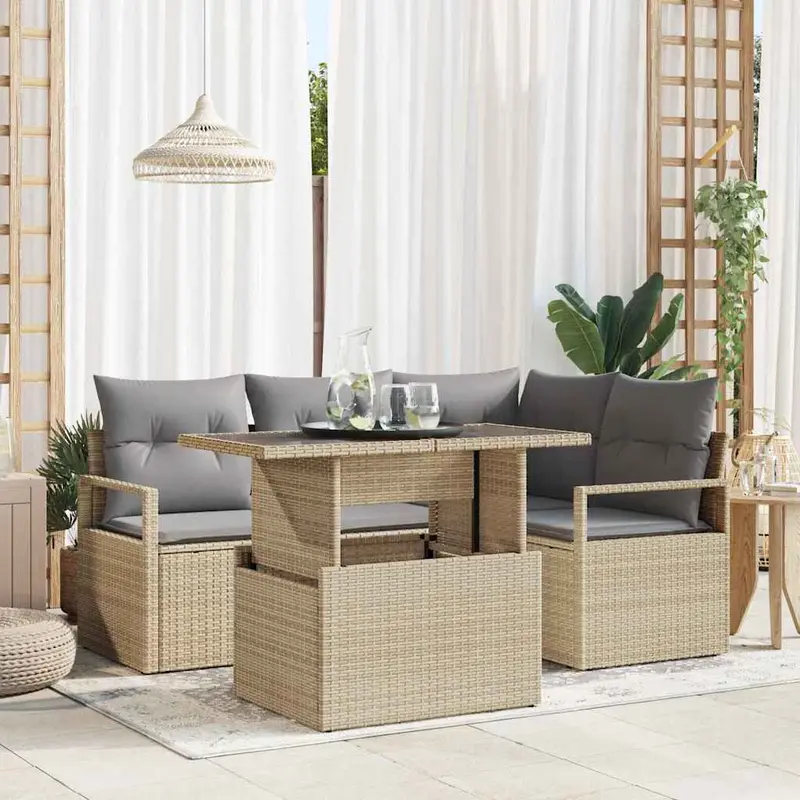 Conjunto de sofá de jardín 5 pcs Beige Poliratán