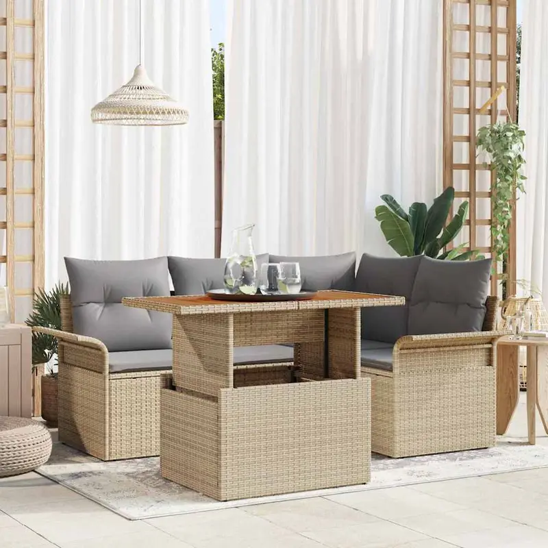 Conjunto de sofá de jardín 5 pcs Beige Poliratán
