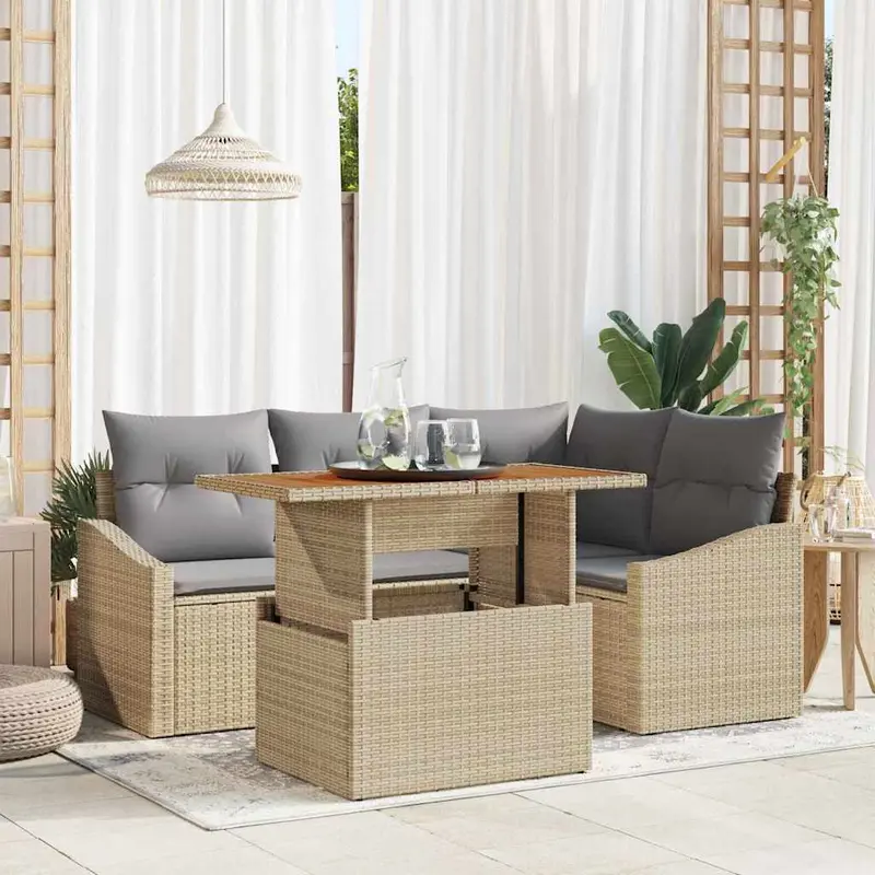 Conjunto de sofá de jardín 5 pcs Beige Poliratán