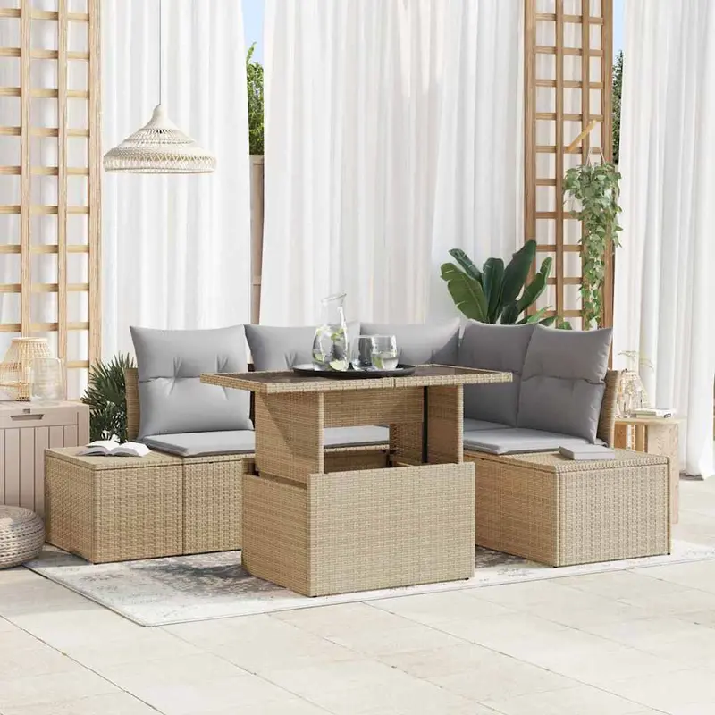Conjunto de sofá de jardín 5 pcs Beige ratán sintético