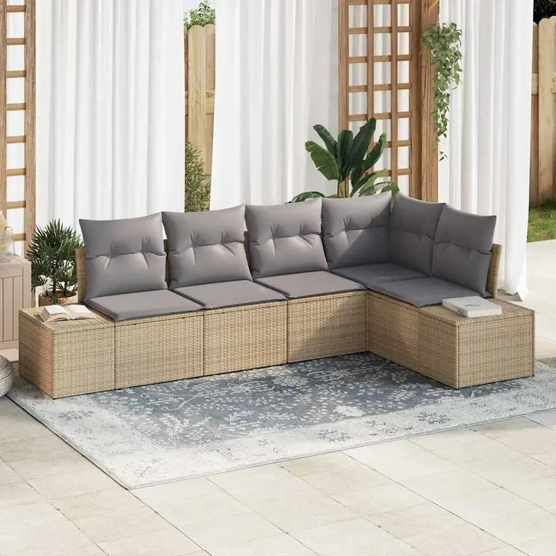Conjunto de sofá de jardín 5 pcs Beige ratán sintético