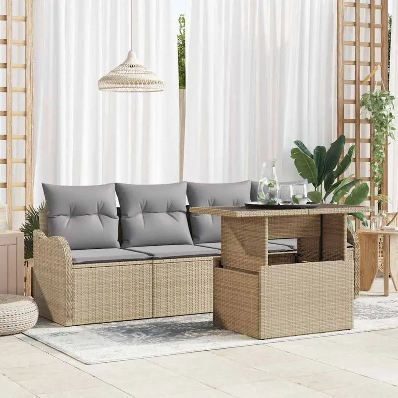 Conjunto de sofá de jardín 5 pcs Beige Rattan de Poliéster