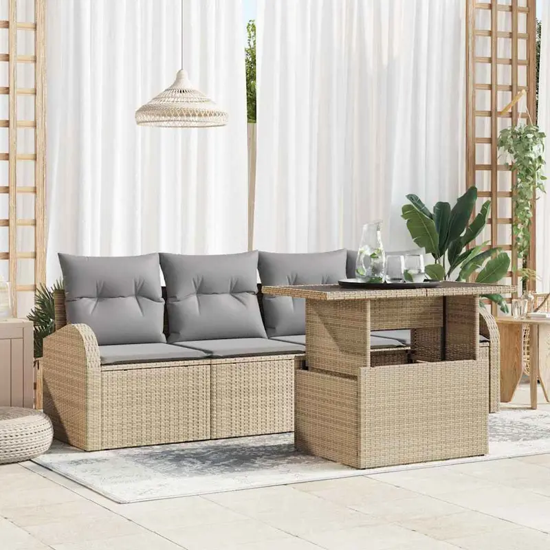 Conjunto de sofá de jardín 5 pcs Beige Rattan de Poliéster