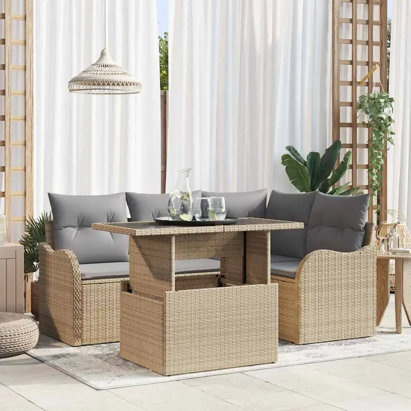 Conjunto de sofá de jardín 5 pcs Beige Rattan de Poliéster