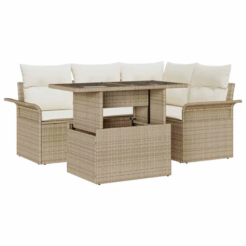 Conjunto de sofá de jardín 5 pcs Beige Rattan de Poliéster