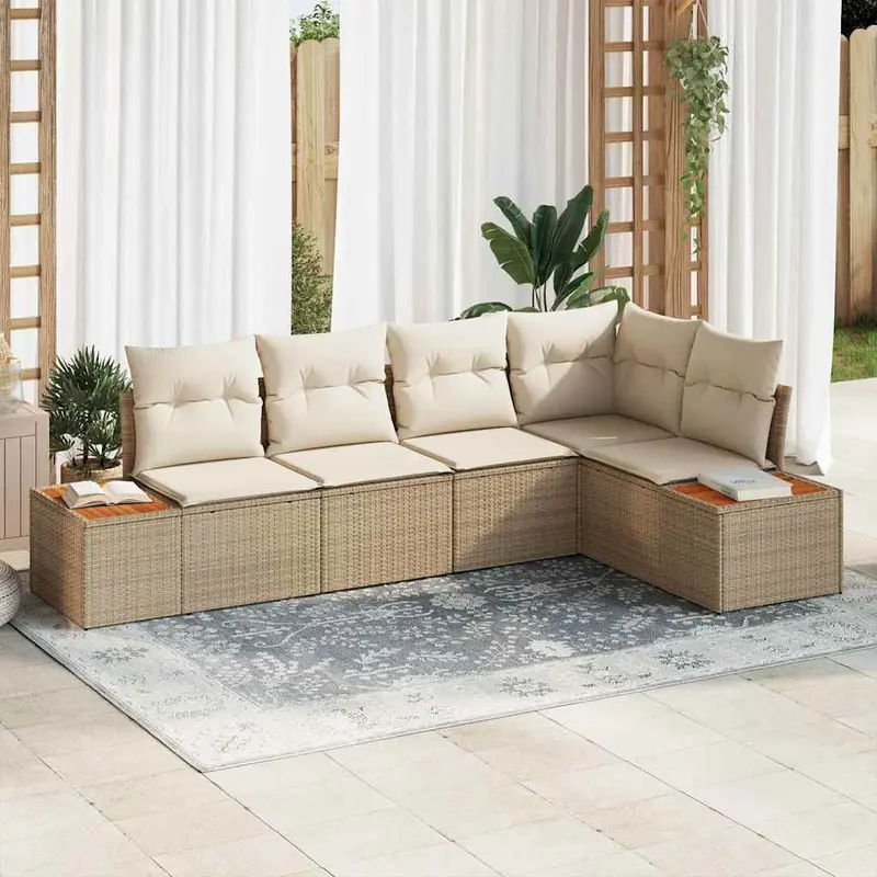 Conjunto de sofá de jardín 5 pcs beige y crema Poliratán
