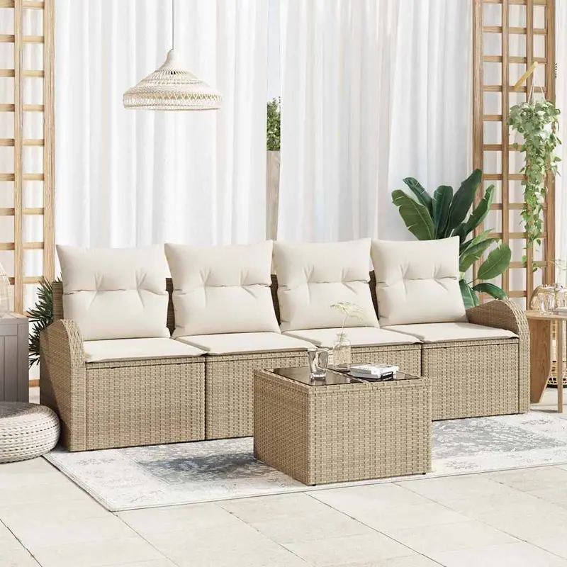 Conjunto de sofá de jardín 5 pcs Beige y Crema ratán sintético