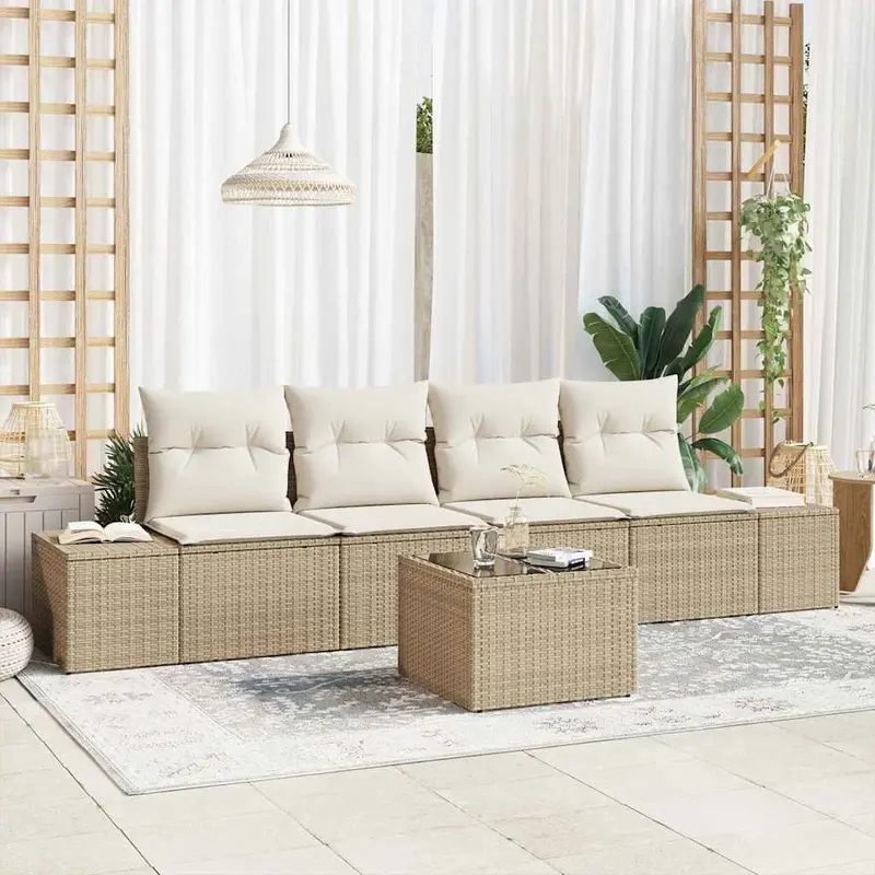 Conjunto de sofá de jardín 5 pcs Beige y Crema ratán sintético
