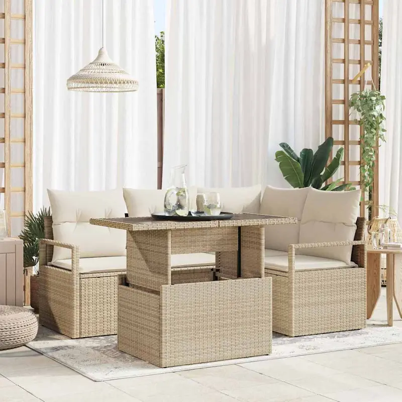 Conjunto de sofá de jardín 5 pcs beige y crema ratán sintético