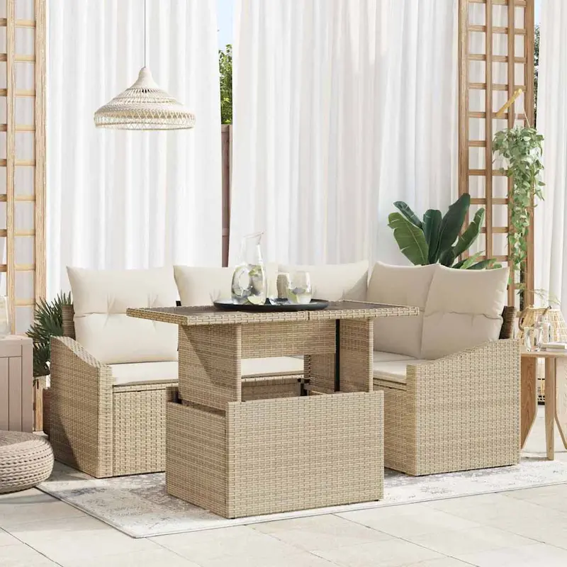 Conjunto de sofá de jardín 5 pcs Beige y Crema ratán sintético