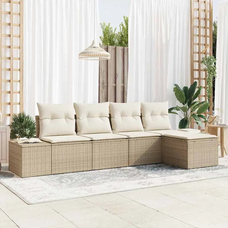 Conjunto de sofá de jardín 5 pcs Beige y Crema ratán sintético