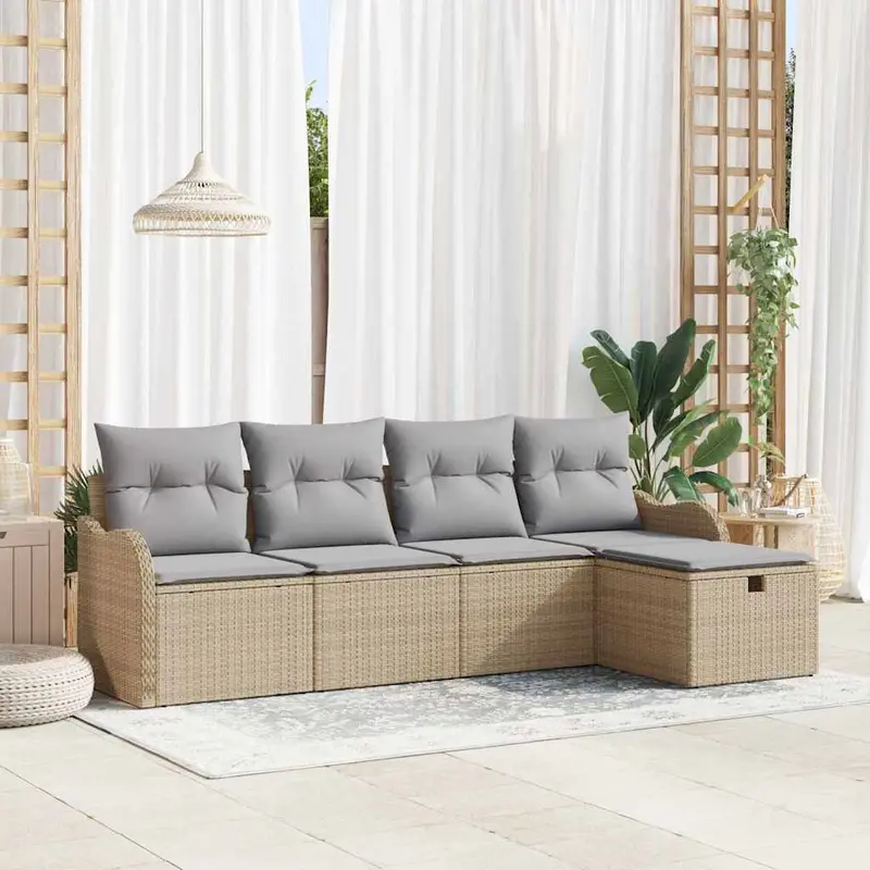 Conjunto de sofá de jardín 5 pcs beige y gris claro Poliratán