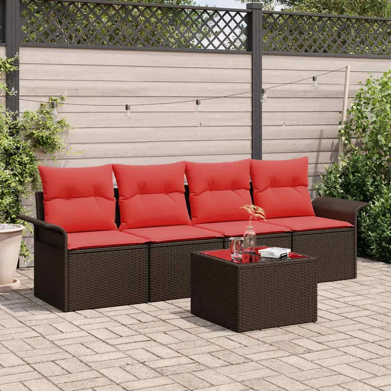 Conjunto de sofá de jardín 5 pcs Beige y Rojo ratán sintético
