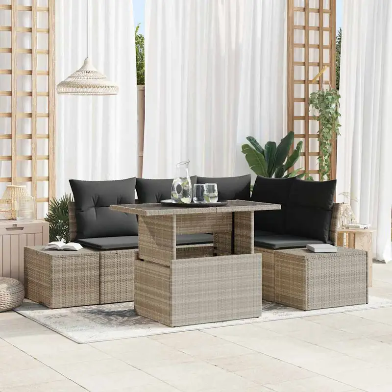 Conjunto de sofá de jardín 5 pcs Gris Claro ratán sintético