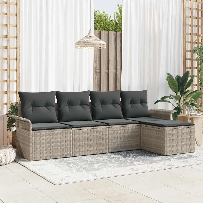 Conjunto de sofá de jardín 5 pcs Gris Claro ratán sintético