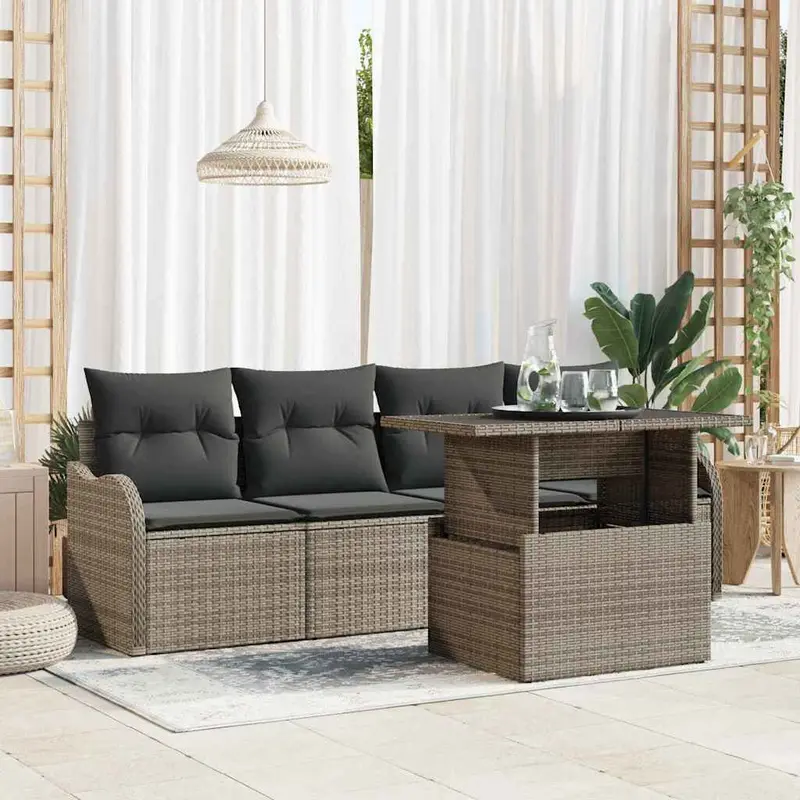 Conjunto de sofá de jardín 5 pcs Gris Rattan de Poliéster