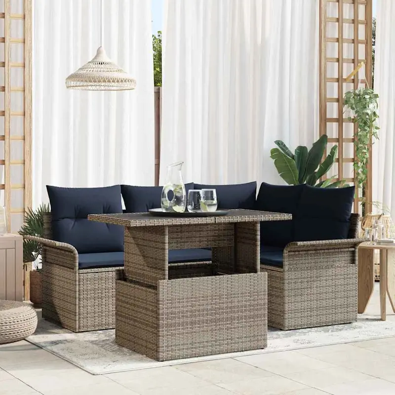 Conjunto de sofá de jardín 5 pcs Gris Rattan de Poliéster