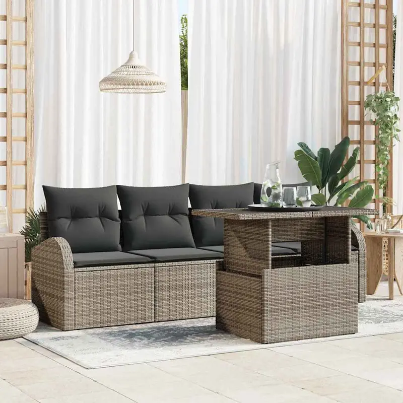 Conjunto de sofá de jardín 5 pcs Gris Rattan de Poliéster
