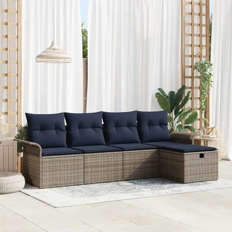 Conjunto de sofá de jardín 5 pcs Gris y marino ratán sintético