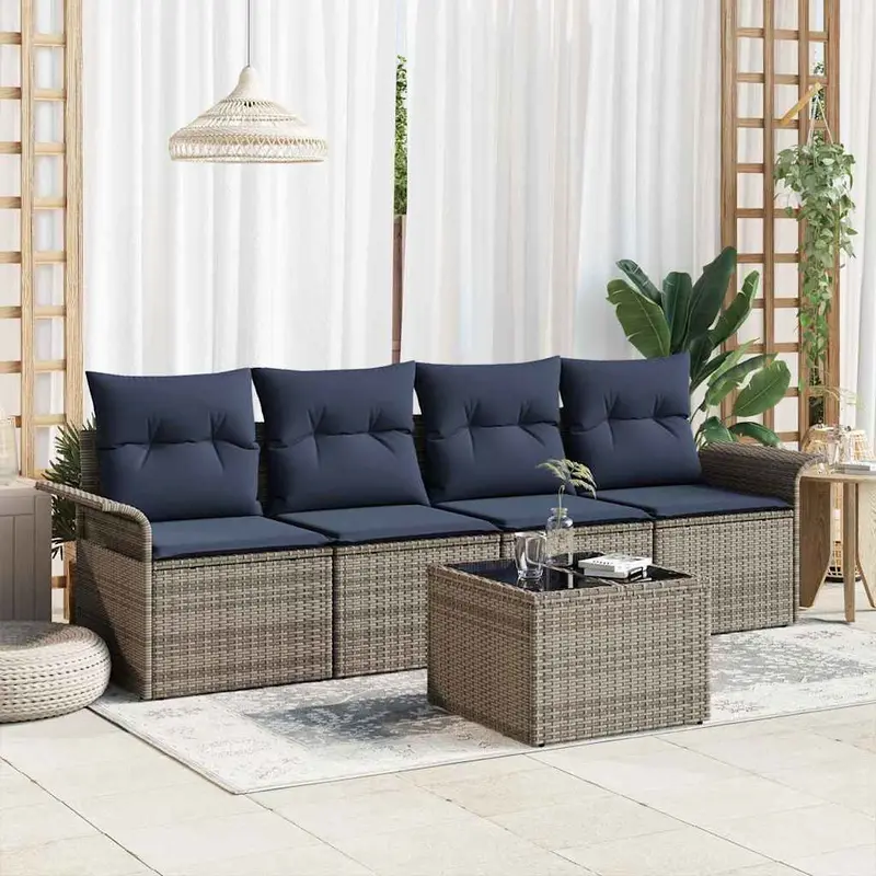 Conjunto de sofá de jardín 5 pcs Gris y marino ratán sintético