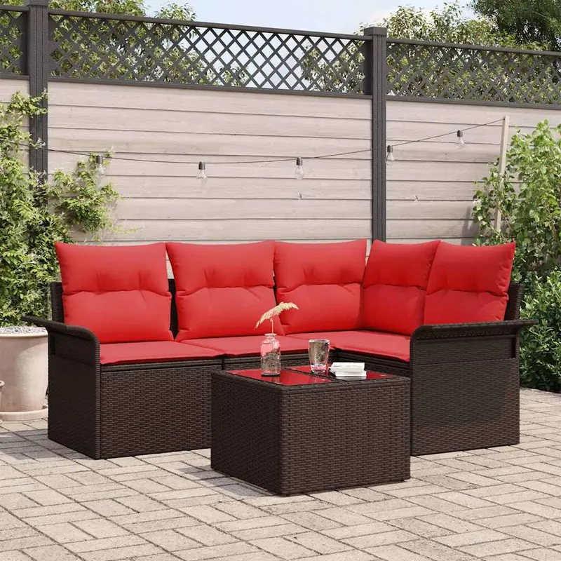 Conjunto de sofá de jardín 5 pcs Marrón ratán sintético