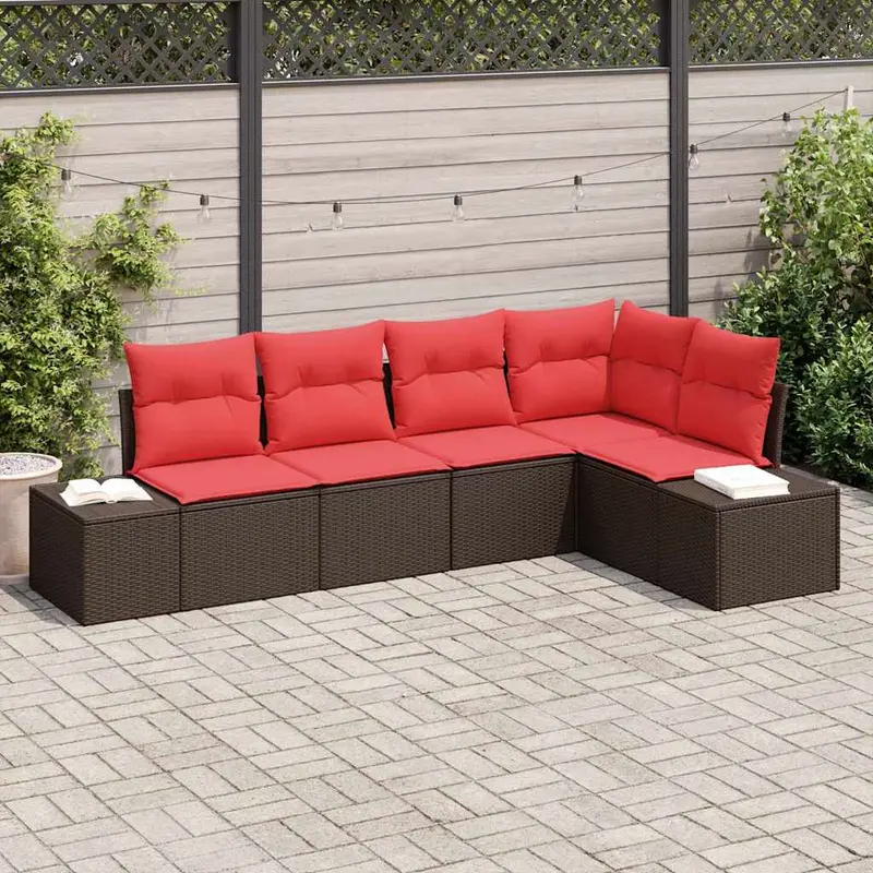 Conjunto de sofá de jardín 5 pcs Marrón ratán sintético