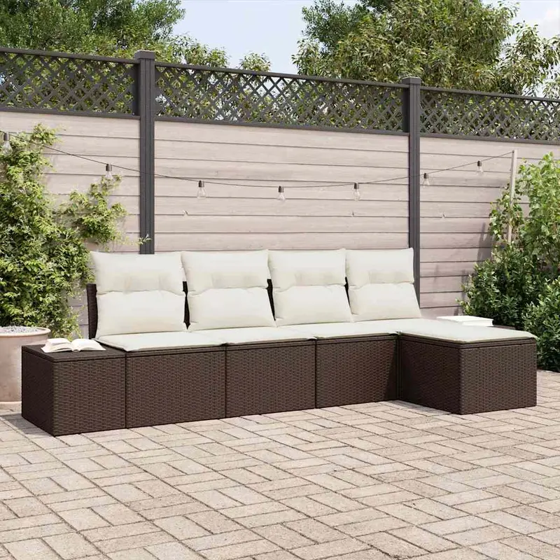 Conjunto de sofá de jardín 5 pcs Marrón y crema ratán sintético