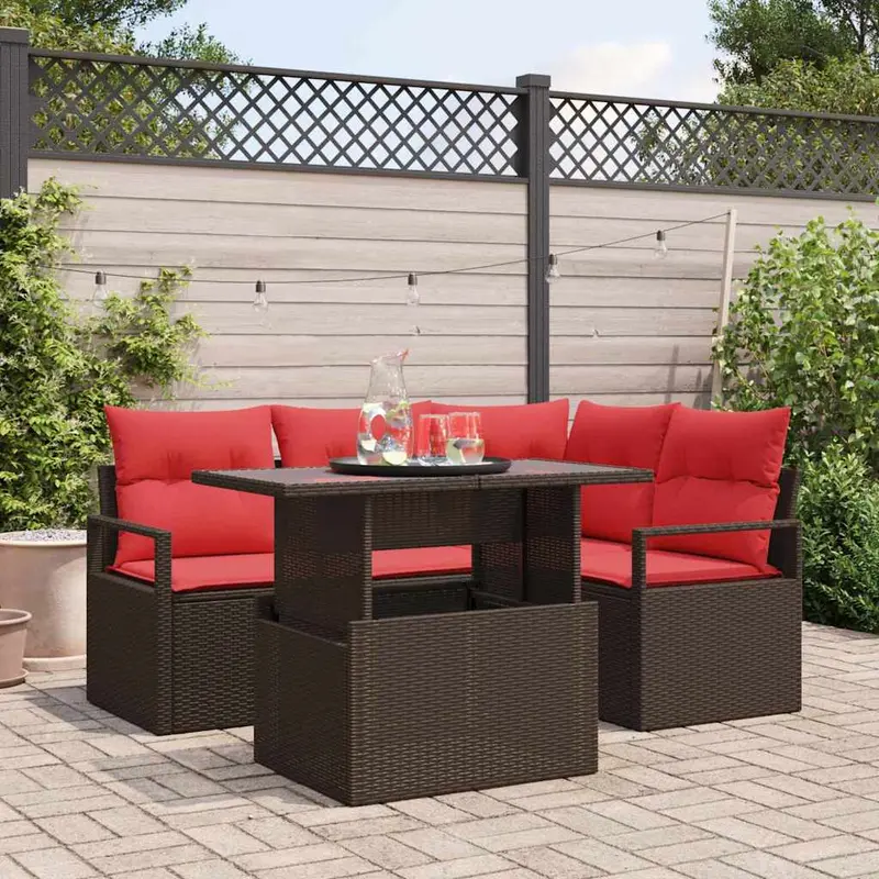 Conjunto de sofá de jardín 5 pcs Marrón y Rojo ratán sintético